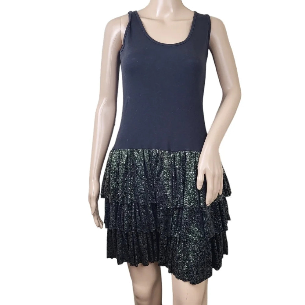 Vintage Kenar Drop Waist Ballerina Tank Dress Black Tiered Skirt Ruffle